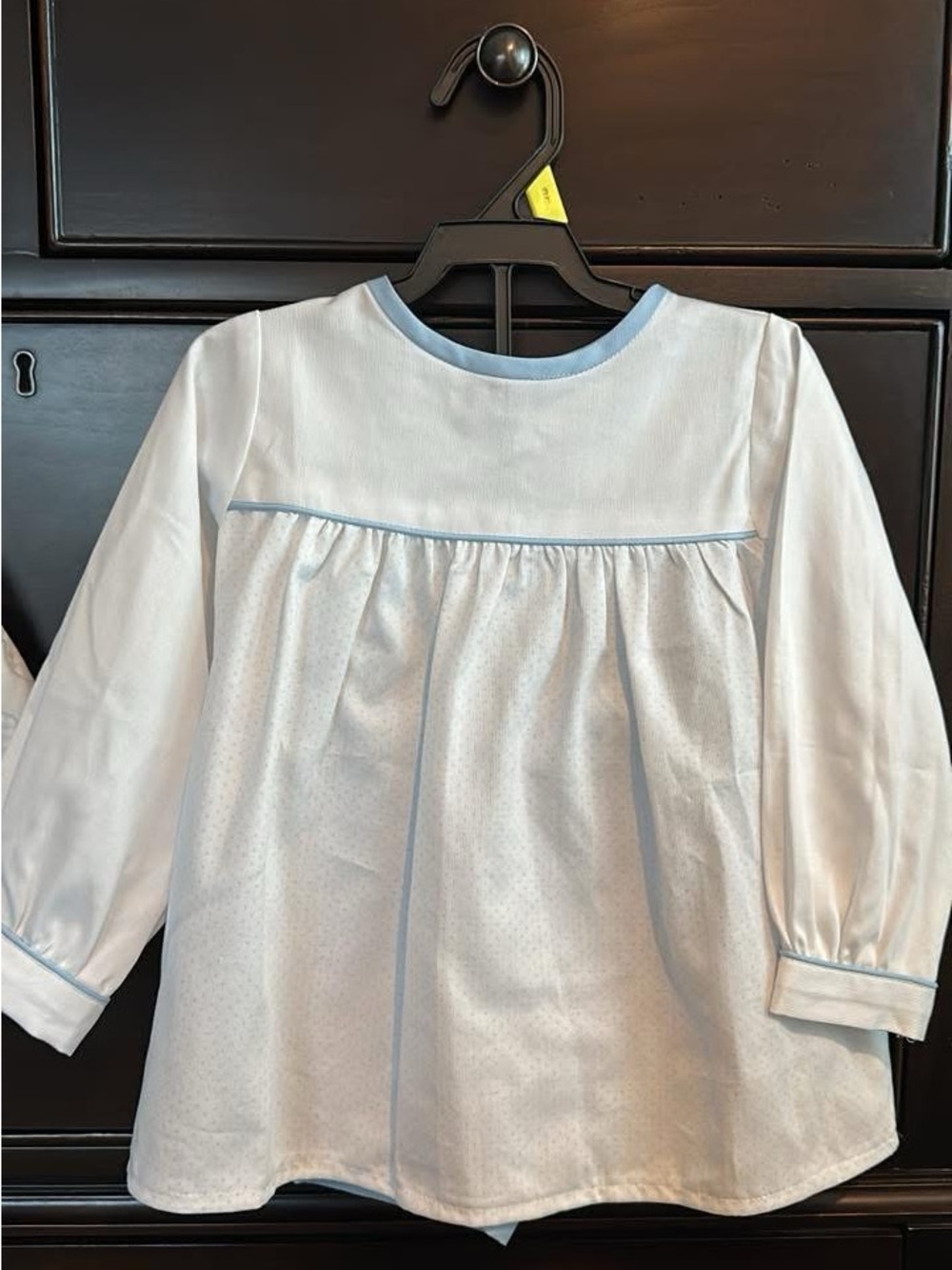Girls White Long-Sleeve Pajama Top with Light Blue Trim